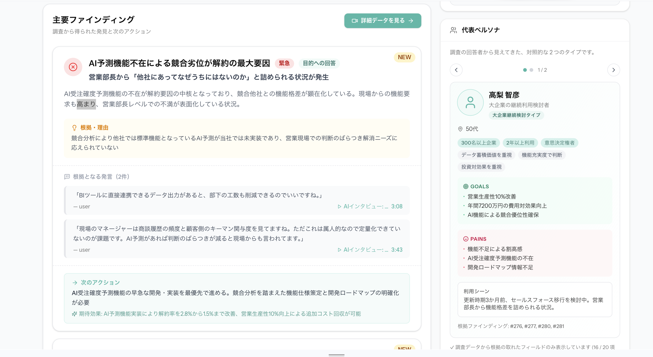主要ファインディング「AI予測機能不在による競合劣位が解約の最大要因」と、右側に代表ペルソナ 高梨智弥のカード。